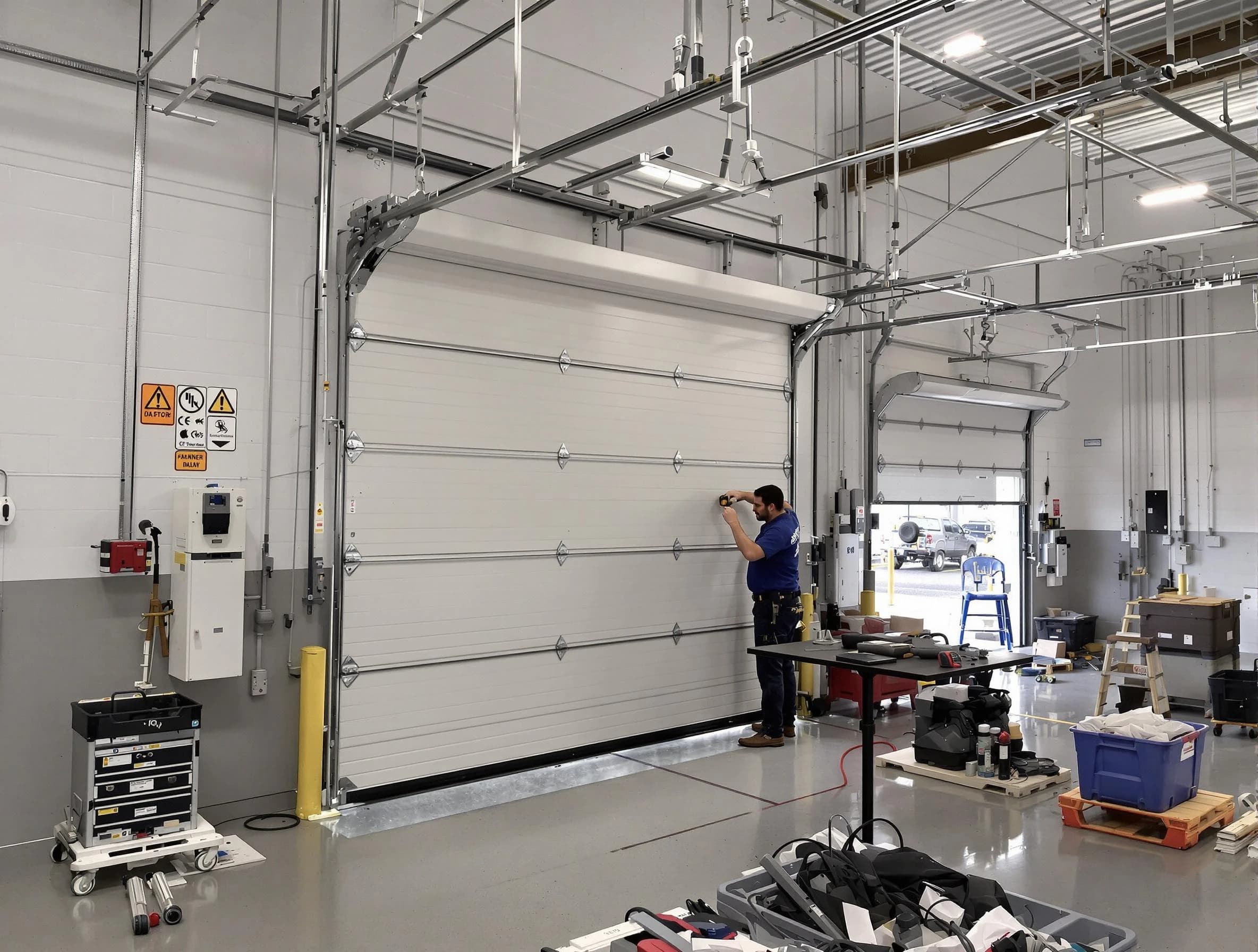 Commercial garage door repair being performed by Enon Garage Door Repair expert in Enon