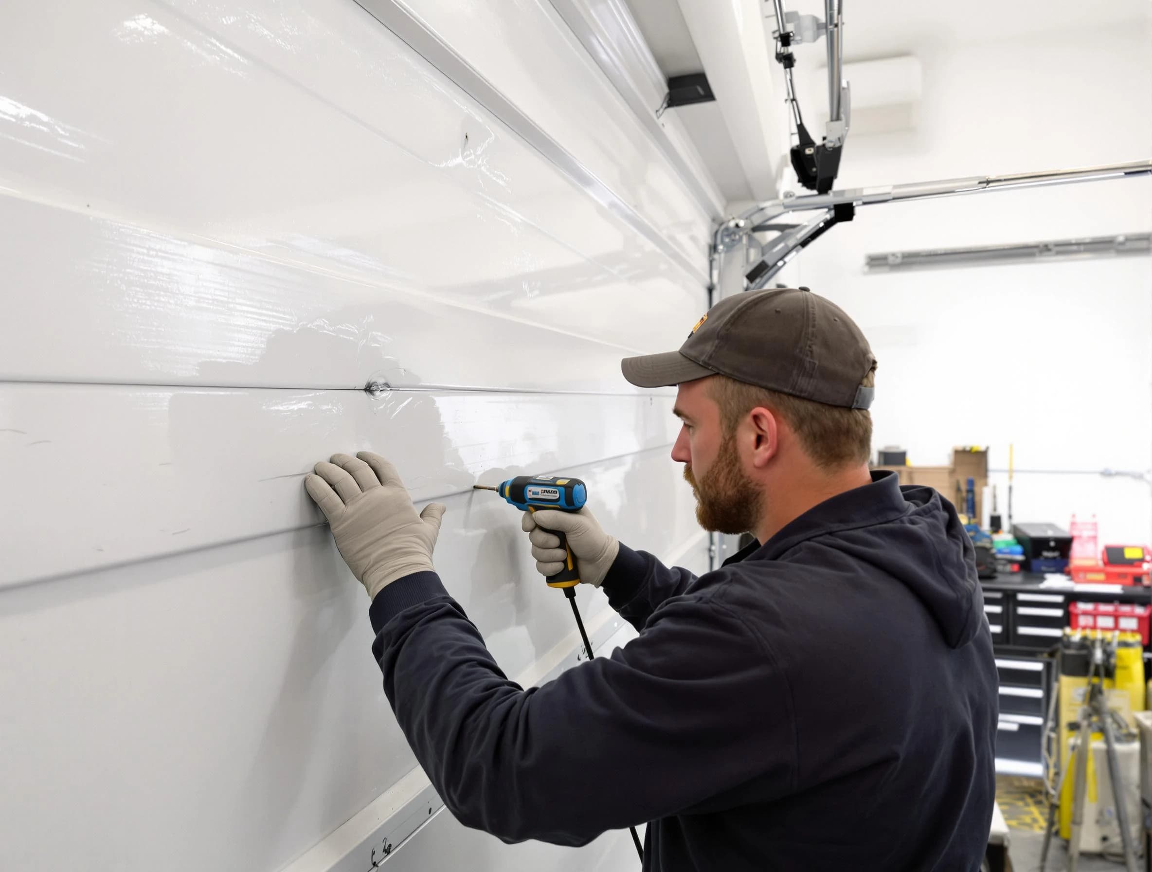 Enon Garage Door Repair technician demonstrating precision dent removal techniques on a Enon garage door
