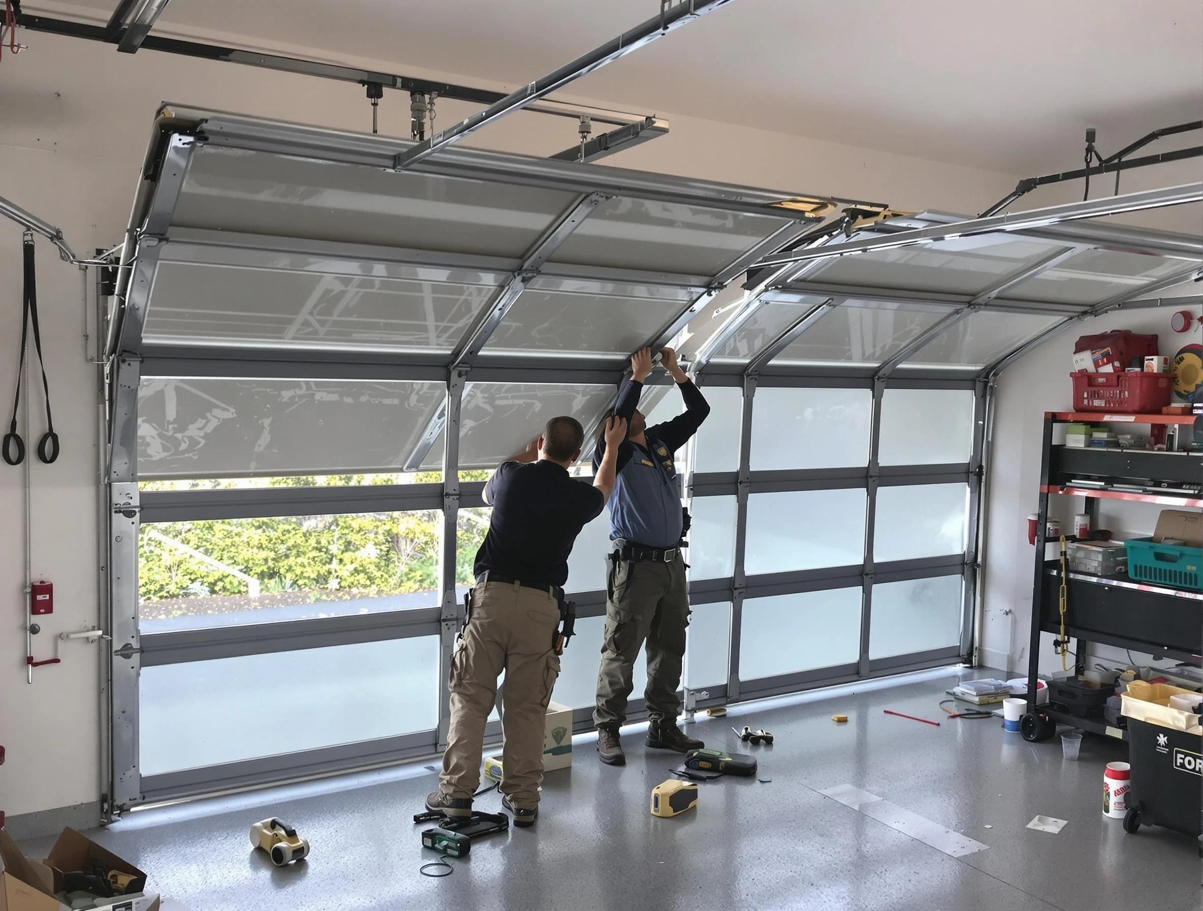 Enon Garage Door Repair expert performing precise panel replacement on Enon garage door