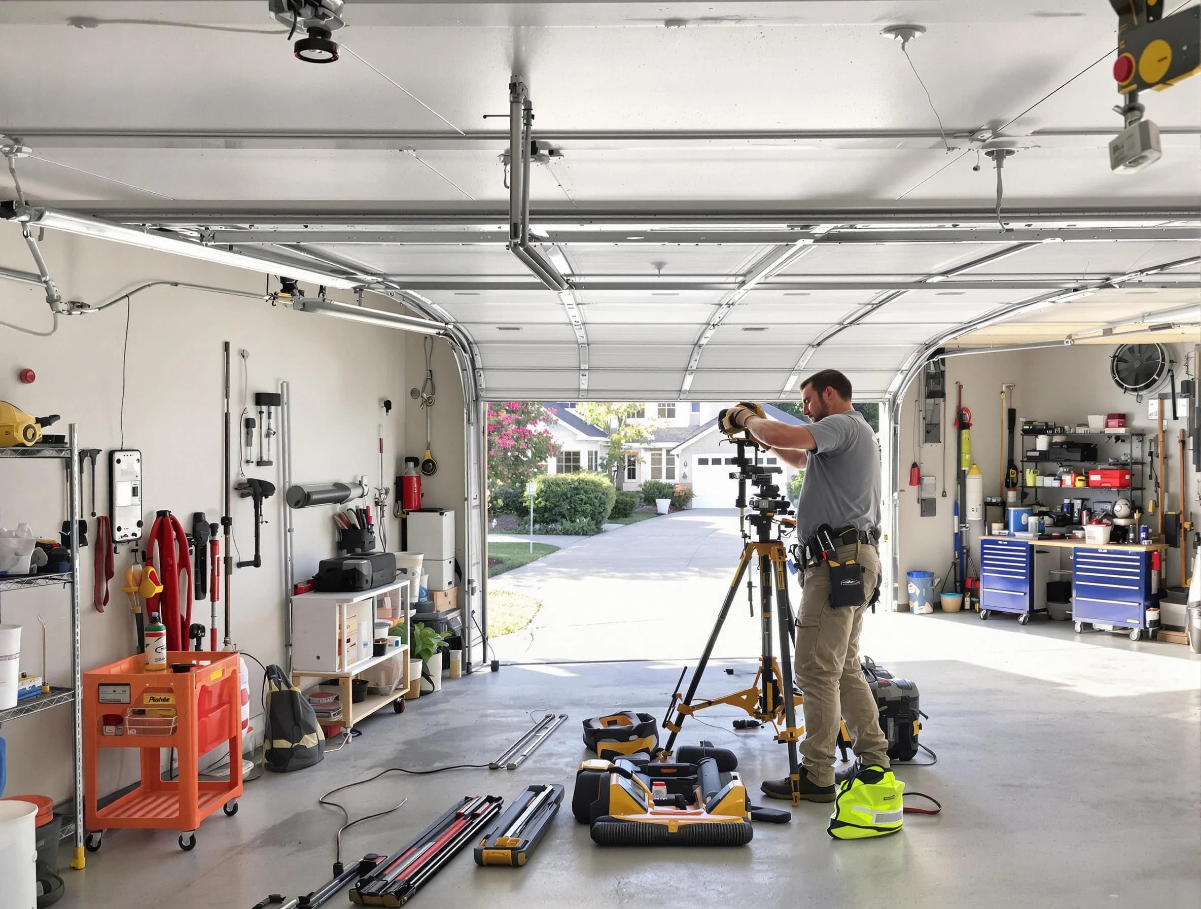 Enon Garage Door Repair specialist performing laser-guided track alignment in Enon